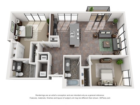 Floor plan for 2 beds, 2 baths, 1229 sqft